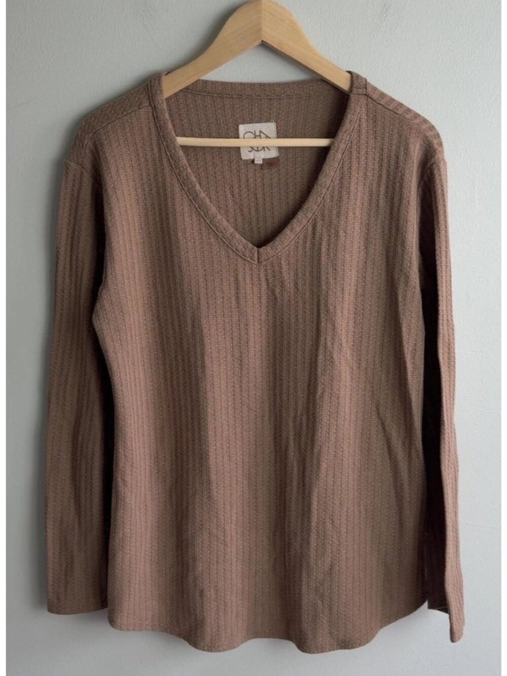 Chaser Brown Waffle Knit V-Neck Long Sleeve Thermal Top Shirt Size Large Women’s